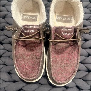 Hey Dude Wally Recycled Leather Slip-On Shoes in Pink/Brown with Sherpa Lining